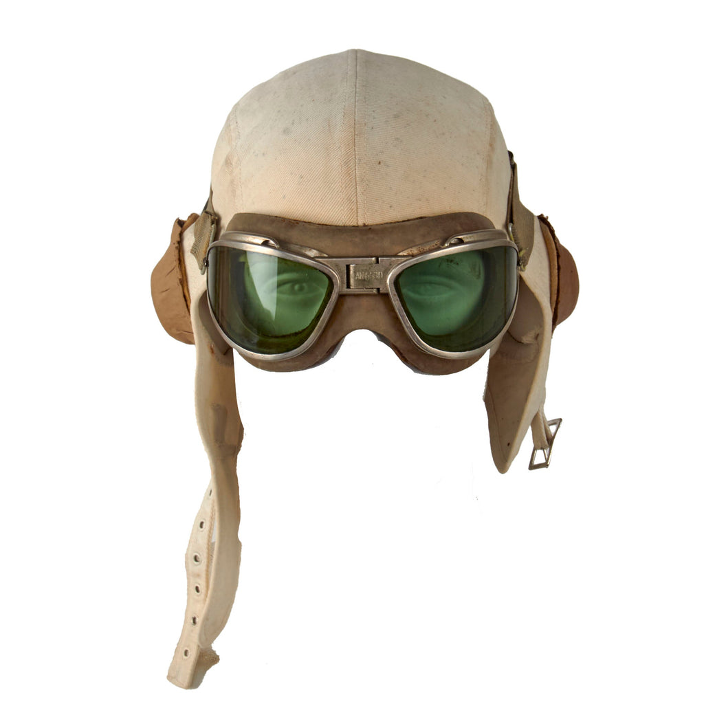 Original U.S. WWII Named Early War Navy USMC White Summer Flight Helmet with Installed TH-37 Earphones & AN-6530 Goggles - Joseph Earl Orwig Original Items