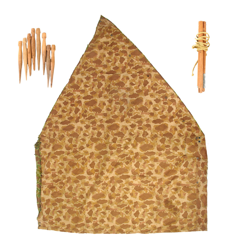 Original U.S. WWII USMC 1944-Dated “Frogskin” Shelter Half Poncho by Powers & Co with Collapsible Tent Pole & Pegs - Reversible Camouflage Original Items