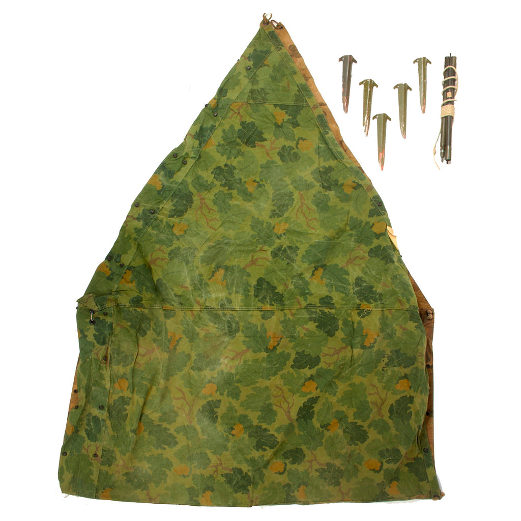 Original U.S. Korean War 1953 Dated Mitchell Pattern Camouflage Shelter Half with Poles & Pins Original Items