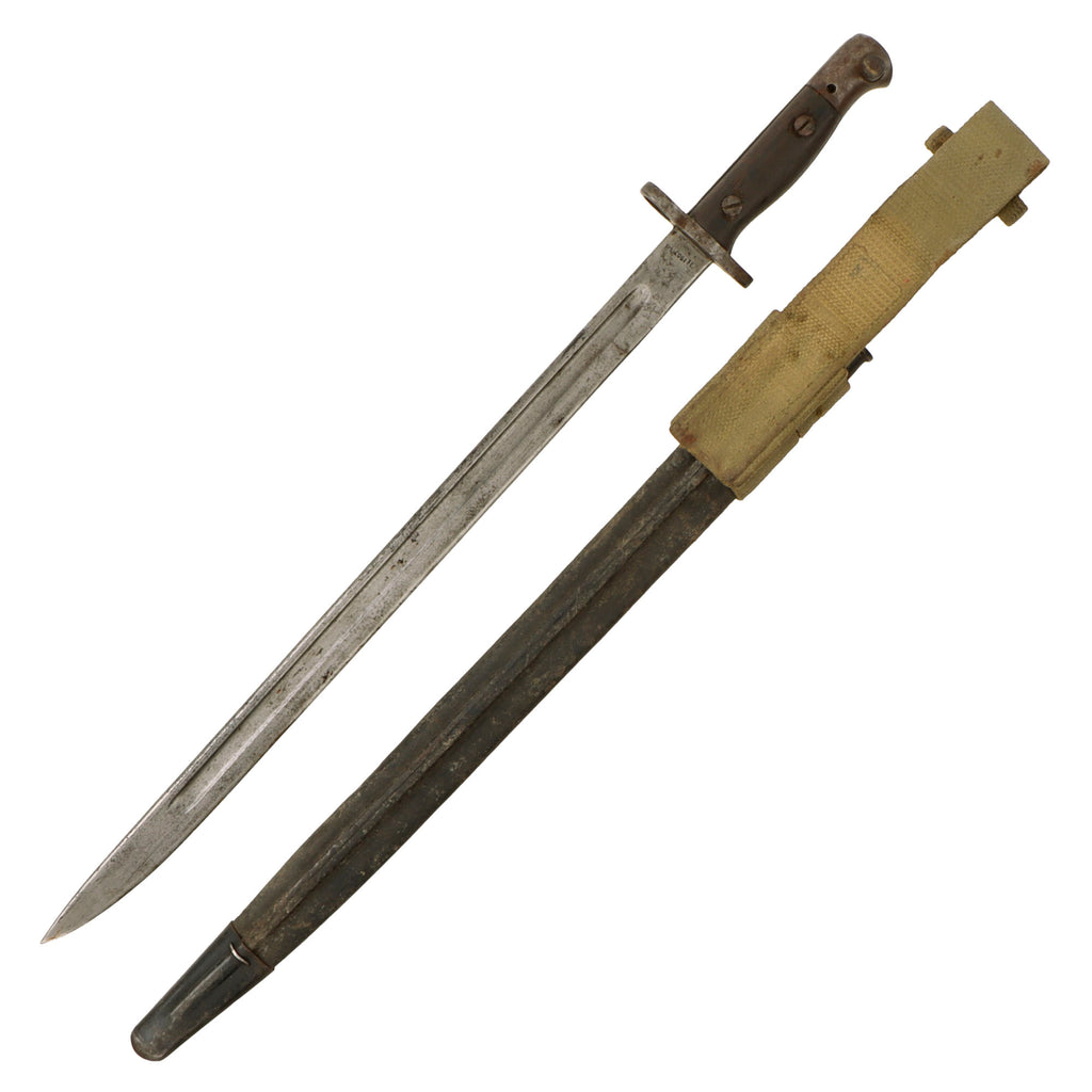 Original British WWI P-1907 Enfield Bayonet by Wilkinson with Scabbard & Webbing Frog - Dated 1918 Original Items