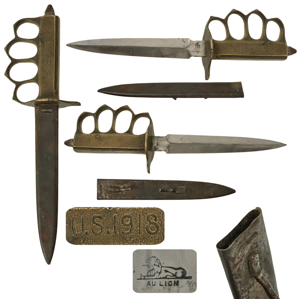 Original U.S. WWI Model 1918 French Made Mark I Trench Knife by AU LION with Correct Steel Scabbard - Excellent Original Items