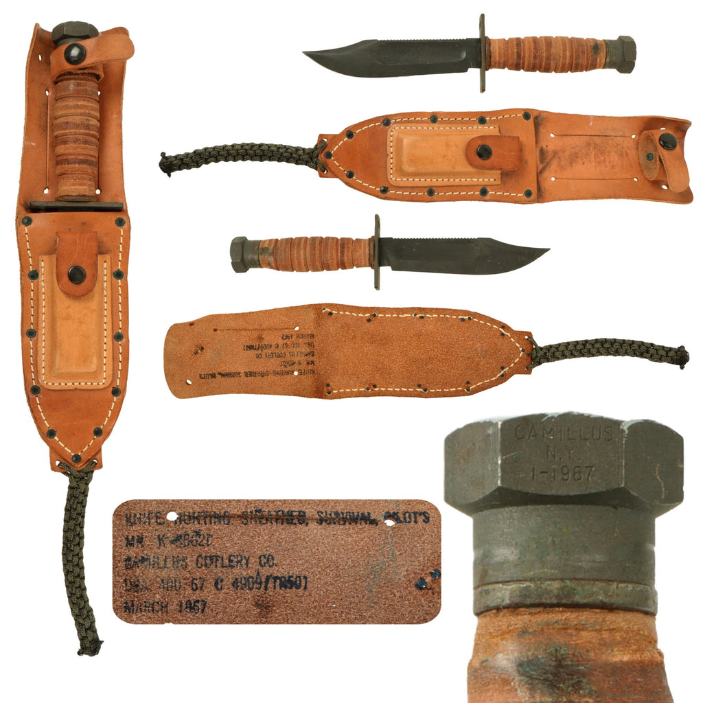 Original U.S. Vietnam War "Jet Pilot" Air Force Survival Knife by Camillus with Scabbard & Whetstone - Wartime Dated 1967 Original Items