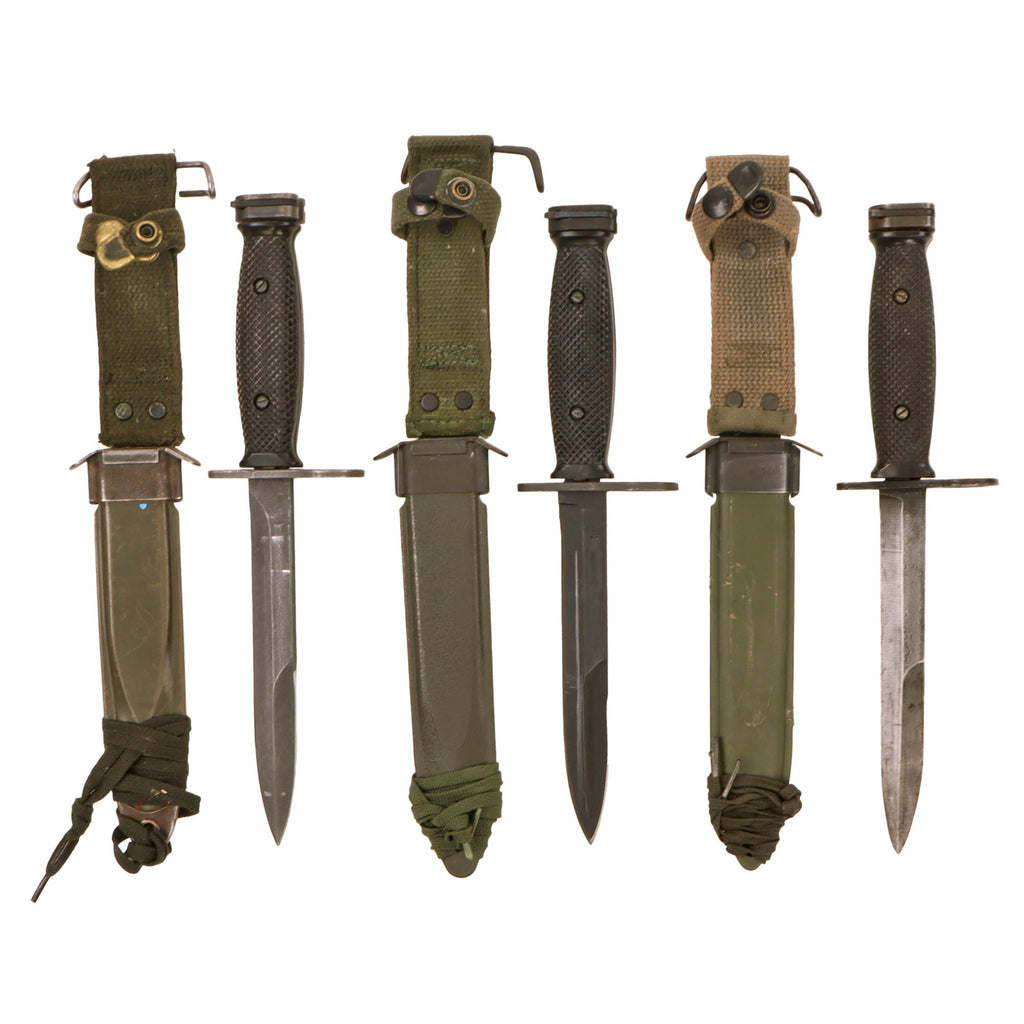 Original U.S. Vietnam War Era M7 Bayonet Lot with Scabbards - BOC, Ontario, and Gencut Examples - Three Total Original Items