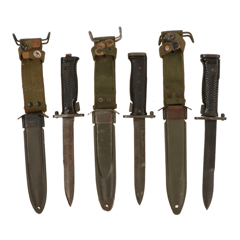 Original U.S. Vietnam War Era M5 Bayonet Lot with Scabbards - Imperial, Milpar, & DYW Examples - Three Total