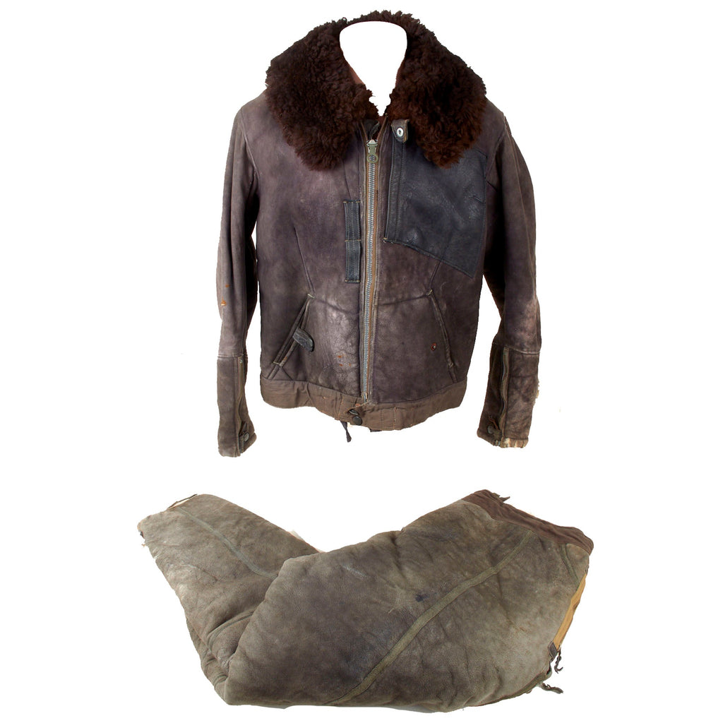 Original German WWII Luftwaffe Pilot's Brown Leather Shearling Flight Jacket & Trousers - Dated 1942 Original Items