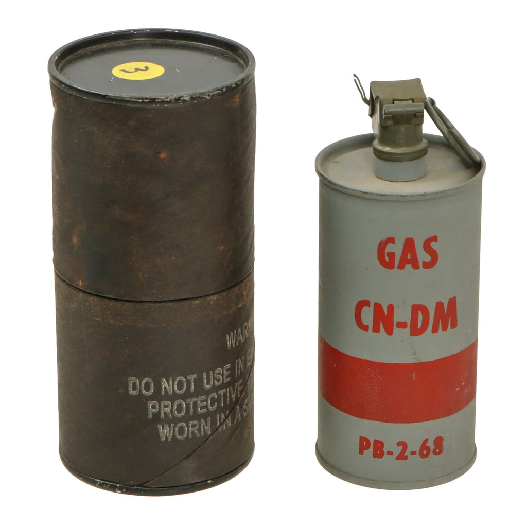 Original U.S. Vietnam War Inert M18 Cylinder CN-DM Chloroacetophenone Adamsite Gas Grenade with M201A1 Fuse in Husk Container - Dated 1968 - EOD Training Aid Original Items