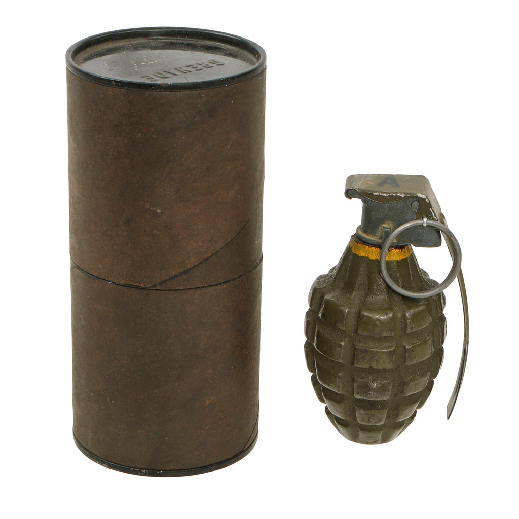 Original U.S. WWII Inert MkII Pineapple Grenade with Yellow Ring & M10A2 Fuze in Husk Original Items