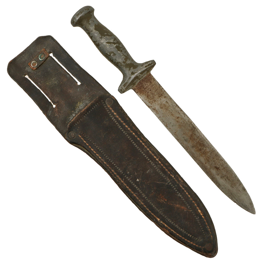 Original U.S. WWII Australian Made Fighting Knife with Cast OD Green-Painted Handle in Leather Sheath Original Items