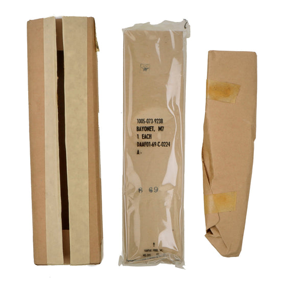 Original U.S. Unissued M7 Bayonet for M16 Rifle with M8A1 Scabbard in Original Sealed Packaging - Repacked in March 1977 Original Items