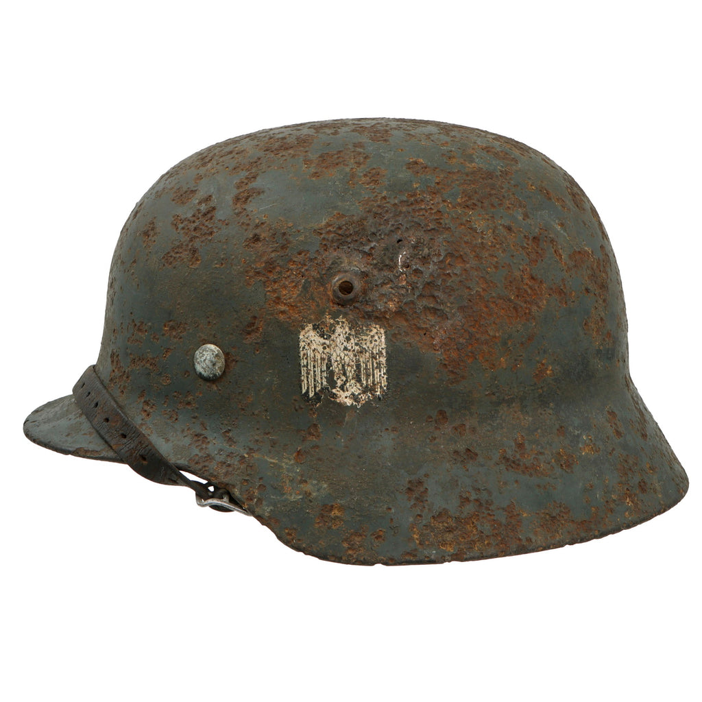 Original German WWII Relic Condition Heer Army M35 Double Decal Helmet with Partial Liner and Chinstrap - Size 64 Shell Original Items