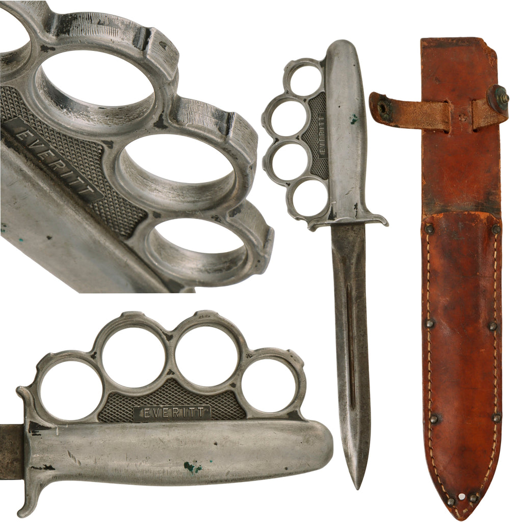 Original Rare U.S. WWII Everitt Black Handle Knuckle Fighting Knife with Added Scabbard Original Items
