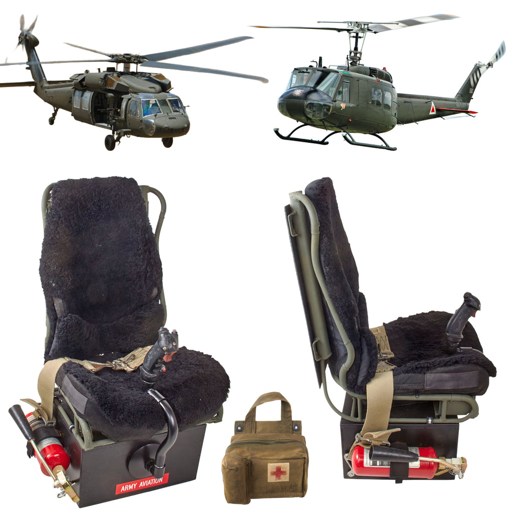 Original U.S. Vietnam to Modern Mockup Huey UH-1 Helicopter Seat with Huey Frame & Control Stick, Blackhawk UH-60 Seat Pads, with Military Fire Extinguisher and Aeronautic First Aid Kit Original Items