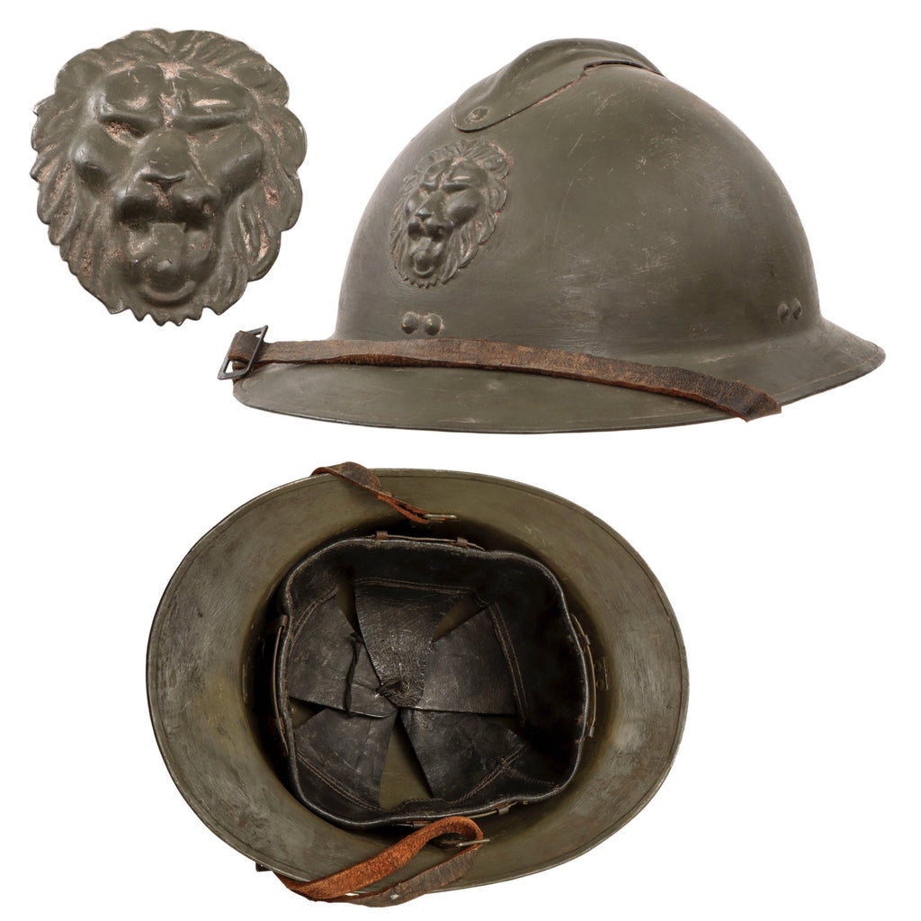 Original Belgian WWII Model 1926 Adrian Infantry Helmet with Liner & Chinstrap - Lion Badge Original Items