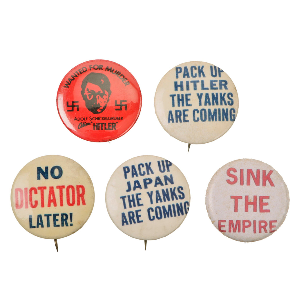 Original U.S. WWII Anti-Axis Button Pin Lot - Five Total Original Items