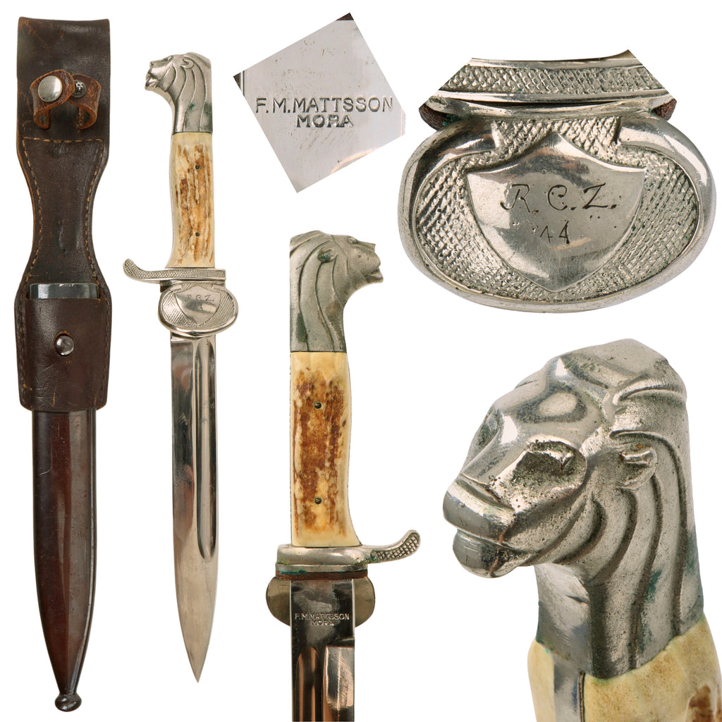 Original Swedish WWII Permissions bayonet Lion’s Head Dress Bayonet with Leather Frog by F.M. Mattsson of Mora - Engraved on Clamshell Original Items