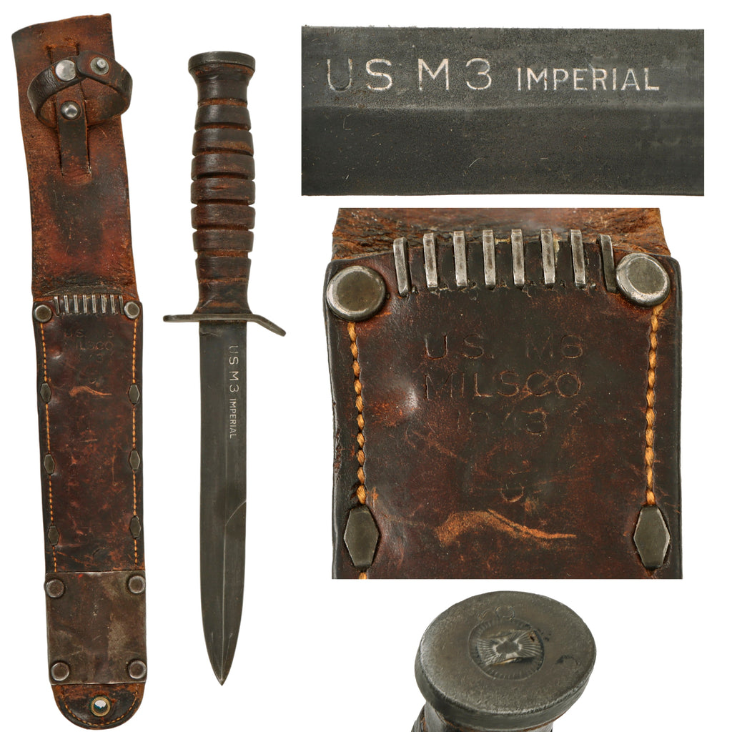 Original U.S. WWII M3 Blade Marked Fighting Knife by Imperial with 1943-Dated M6 Leather Scabbard - Missing Belt Hook Original Items