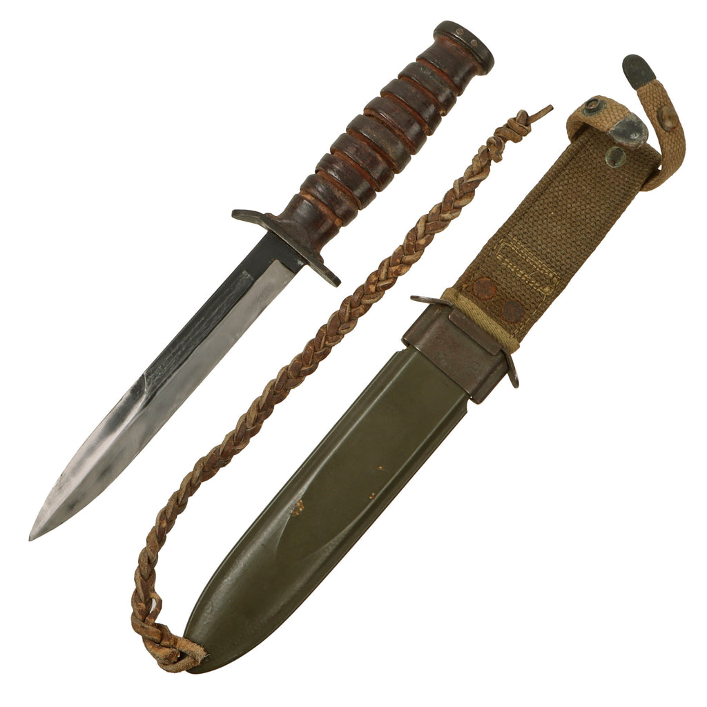 Original U.S. WWII M3 Guard-Marked Fighting Knife by Camillus with M8 Scabbard & Braided Leather Thong Original Items