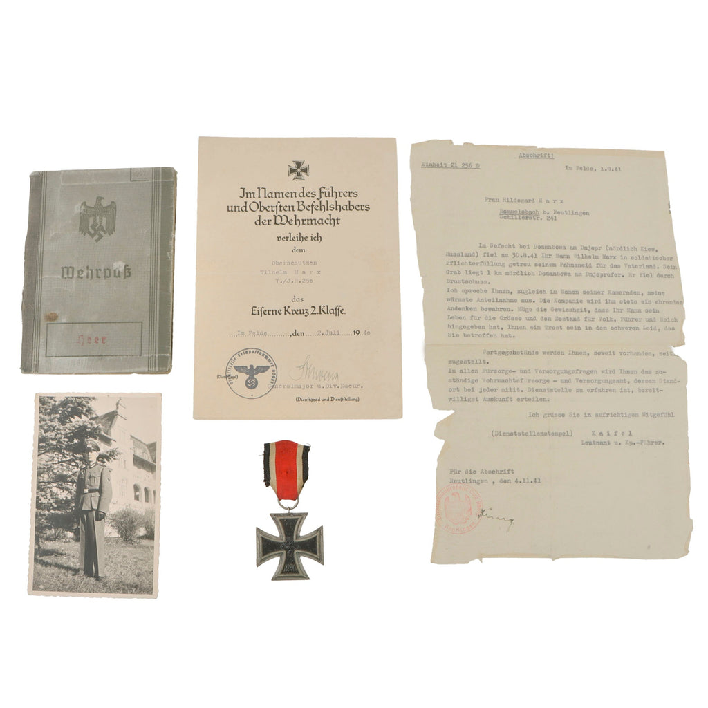Original German WWII KIA Gefr. Wilhelm Marx Grouping with Death Notice, Wehrpaß, Photo, EKII & Award Document - French Campaign and Eastern Front Service Original Items
