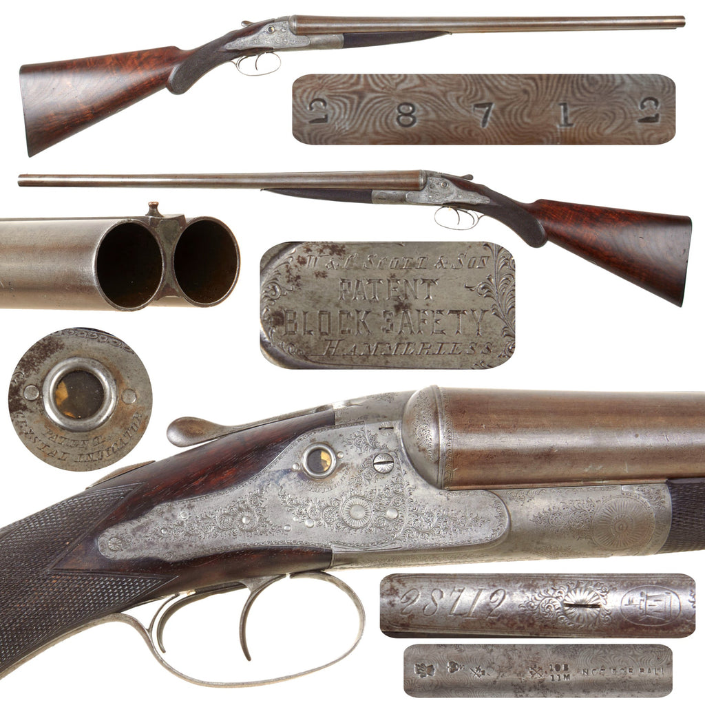Original British 10 Bore Double Damascus Barrel Hammerless Shotgun by W. & C. Scott & Son Serial 28712 with Crystal Indicators and Burl Butt Stock - circa 1880 Original Items