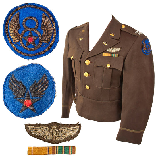Original U.S. WWII 8th Air Force Bombardier Captain’s Ike Uniform with British-Made SSI, Ribbon Bar, & Bombardier Wings Original Items