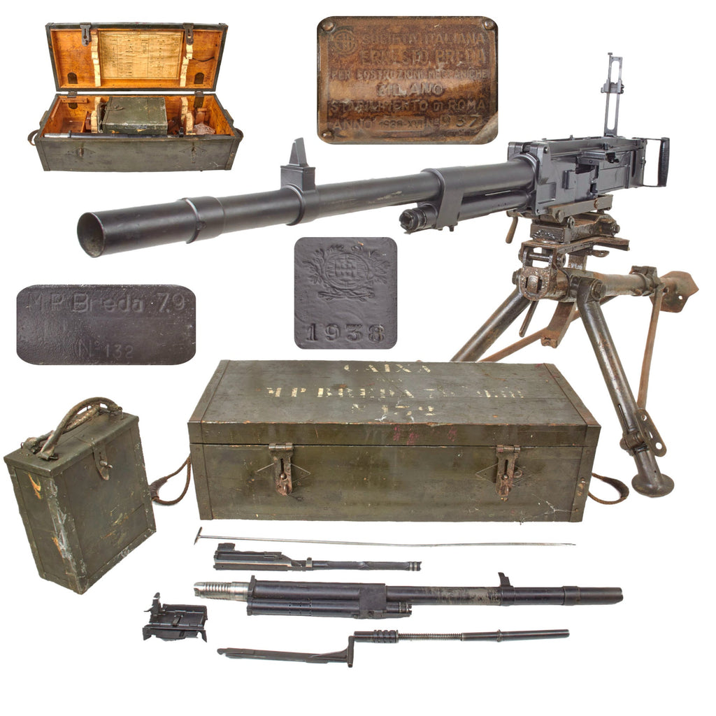 Original Italian WWII Breda Model 37 Display Machine Gun with Tripod, Transit Chest, Feed Strip Chest, and Extras Original Items