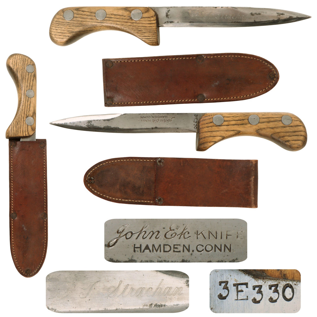 Original U.S. WWII EK Model 3 Navy Commando Fighting Knife With Scabbard by John Ek of Hamden Connecticut - Engraved for Owner R.T. Strachan - From Collection of American Edged Weapon Museum Original Items