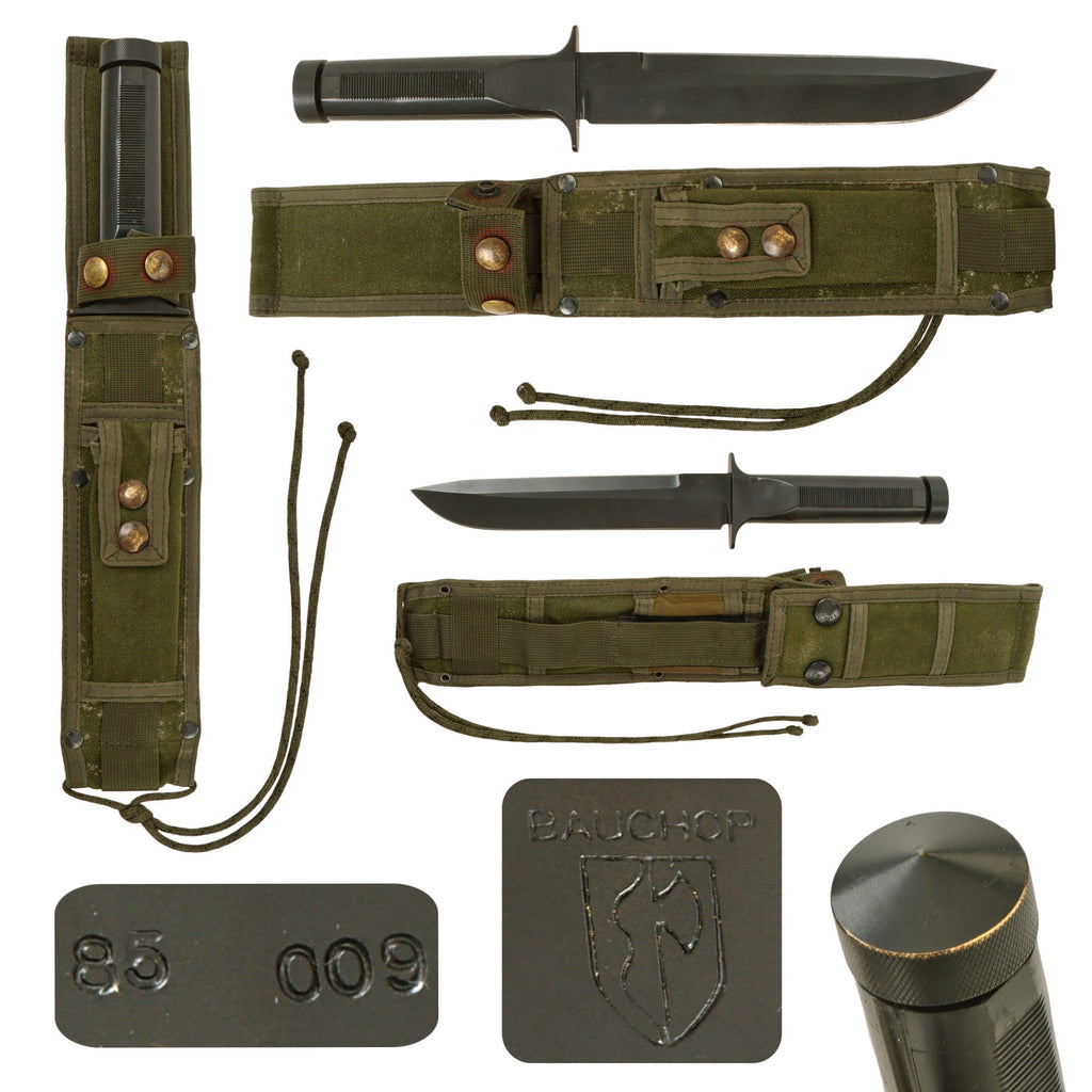 Original U.S. Cold War Era Bauchop Fighting Survival Knife with Unscrewable Pommel in Original Nylon Scabbard - Dated 1985 - From Collection of American Edged Weapon Museum Original Items