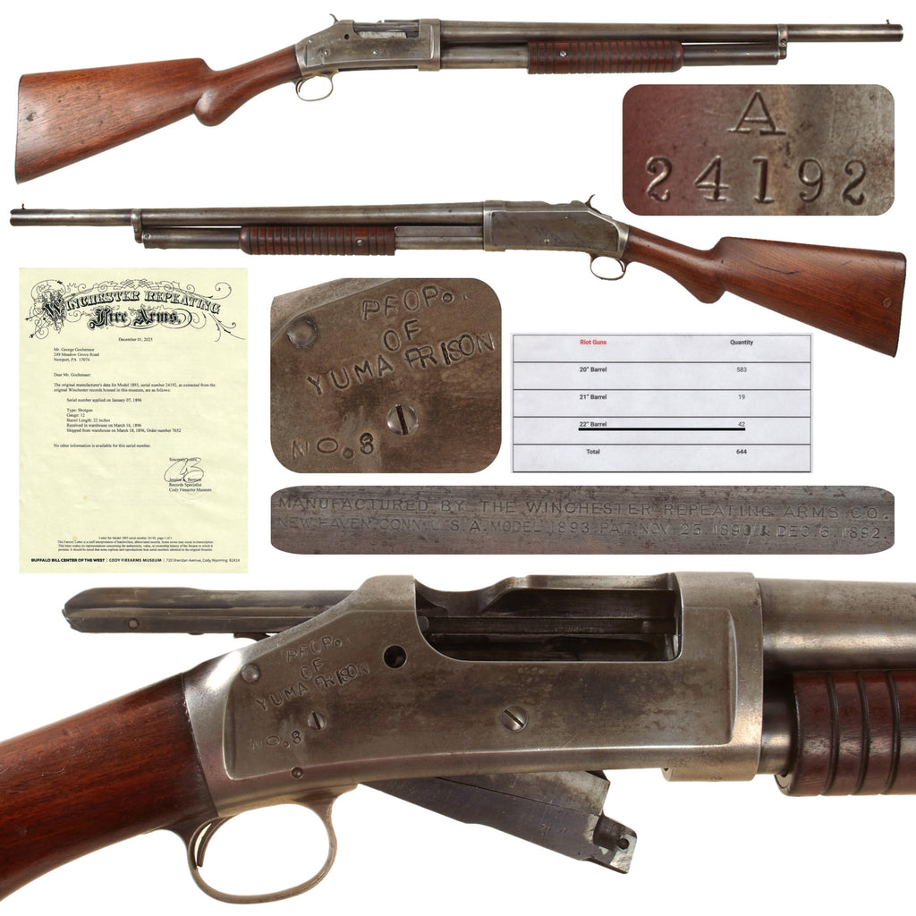 Original U.S. Winchester Model 1893 12-Gauge Pump-Action Riot Shotgun Marked to Yuma Prison with Factory-Lettered 22" Barrel - One of 42 Made - Serial No. 24192A - Manufactured in 1896