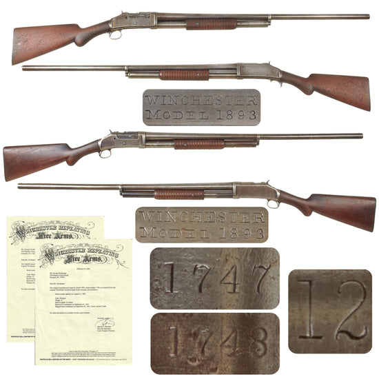 Original U.S. Sequentially Numbered Pair of Winchester Model 1893 12-Gauge Pump-Action Shotguns with 32-Inch Barrels - 1893 Production with Same-Order Factory Letters - Serial Nos. 1747 and 1748