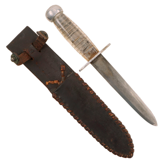 Original U.S. WWII AAF Named Custom Fighting Knife with Theater-Made Aircraft Plexiglass Grip and Personalized Leather Sheath - Philip A. Parkhurst Original Items