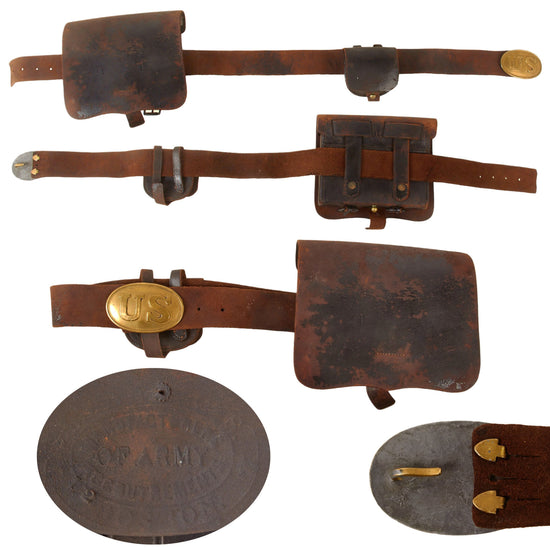 Original U.S. Civil War M1855/61 .58 Caliber Cartridge Box Belt Rig with U.S. Arrowhead Buckle & Partial Waist Belt with Cap Pouch Original Items