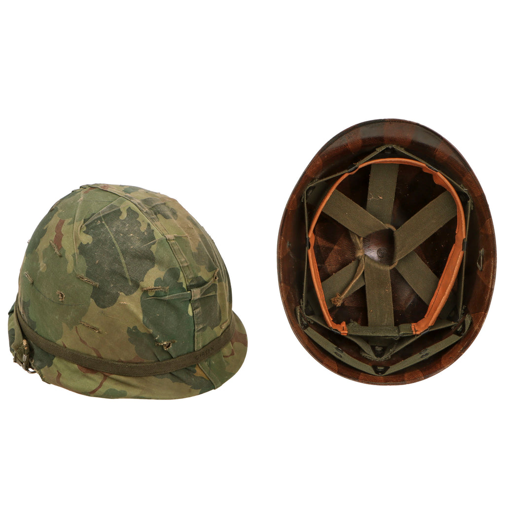 Original U.S. Vietnam War M1 Helmet with Named Mitchell Pattern Camouflage Cover and Depot-Refurbished WWII MSA Liner