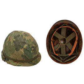 Original U.S. Vietnam War M1 Helmet with Named Mitchell Pattern Camouflage Cover and Depot-Refurbished WWII MSA Liner