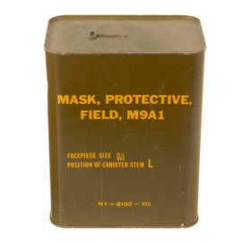 Original U.S. Korean War M9A1 Gas Mask Sealed in Original Tin from 1953-Dated Crate - NOS