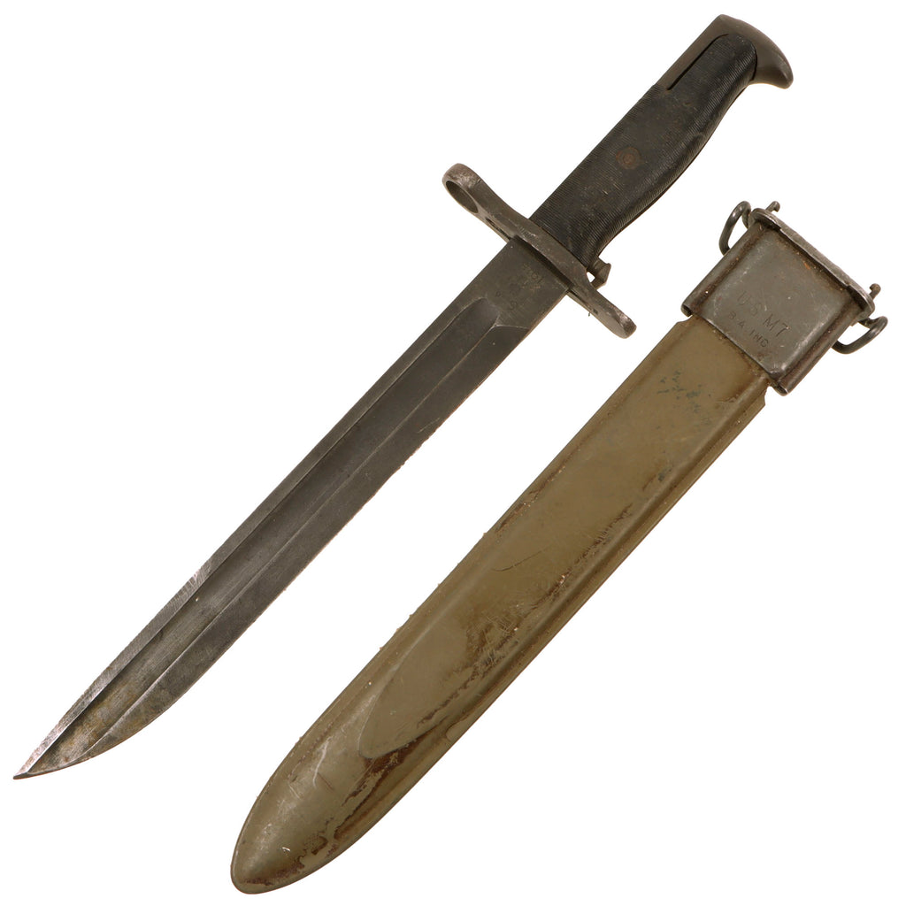 Original U.S. WWII M1905E1 M1 Garand 10 inch Cut Down Bayonet by Springfield Armory Dated 1918 with 1950s M7 Scabbard Original Items
