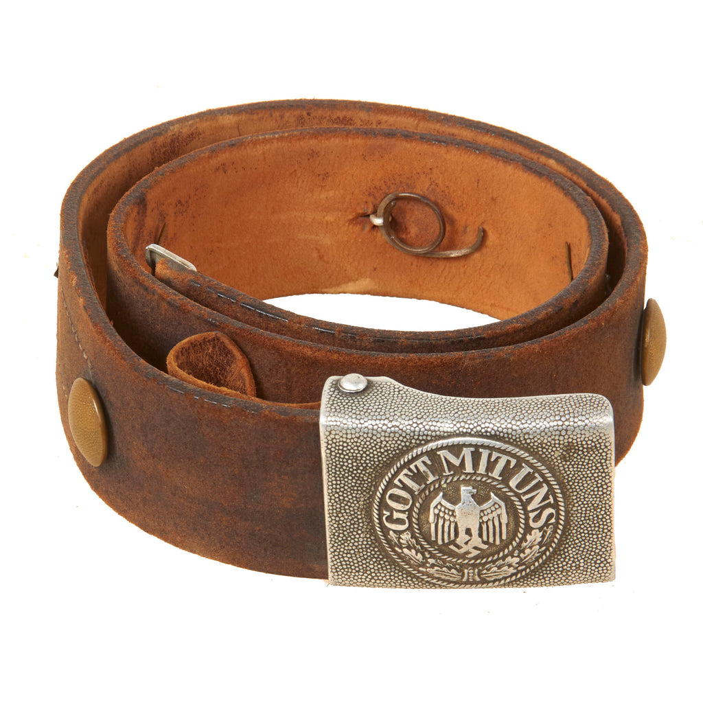 Original German WWII Early Heer Army EM/NCO Leather USGI Souvenir Hate Belt with Pebbled Aluminum Buckle