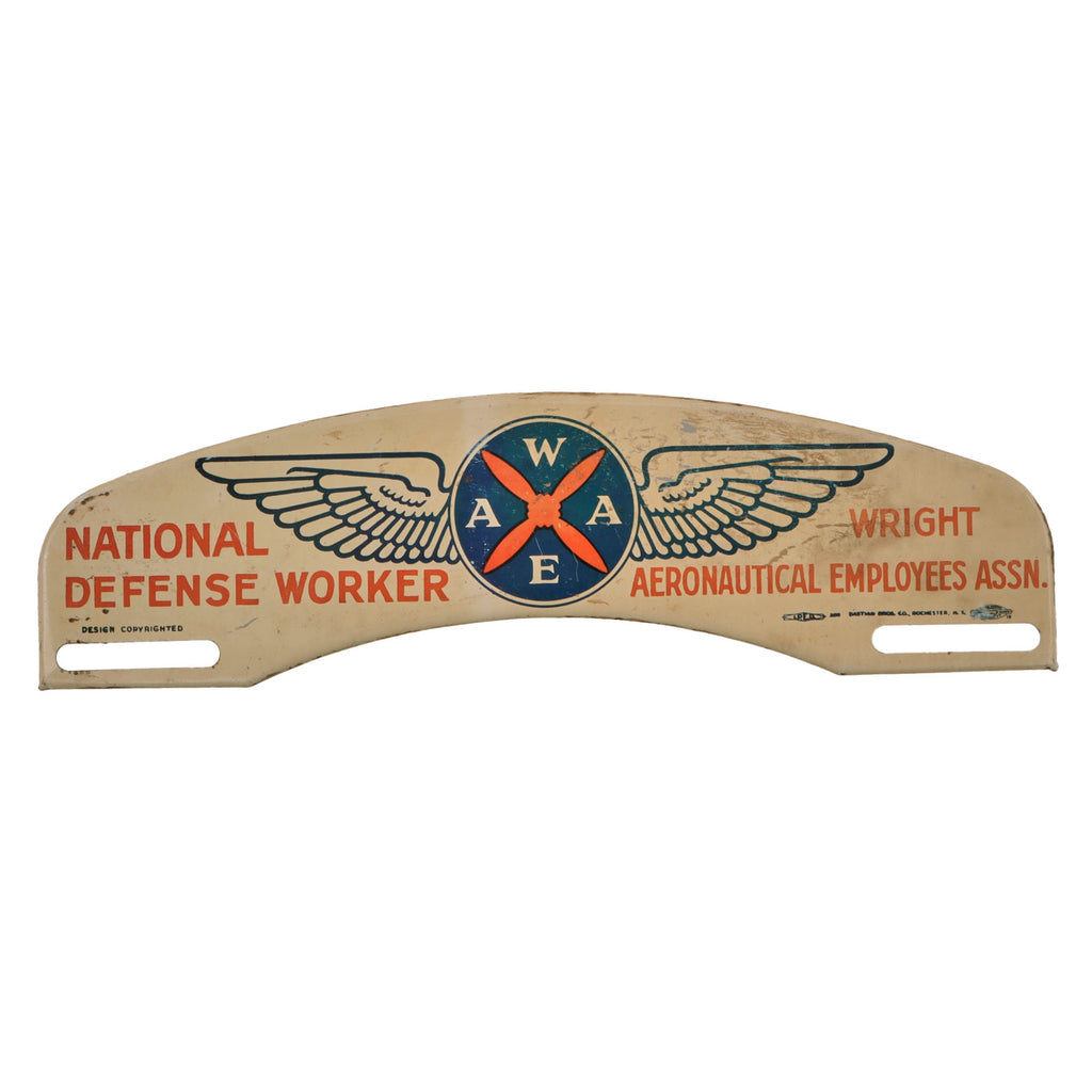 Original U.S. WWII Wright Aeronautical Defense Worker License Plate Topper Original Items