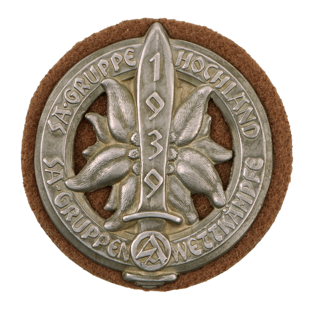 Original German WWII SA Gruppe Hochland 1939 Sports Competition Badge with Fabric and Backing Plate Original Items