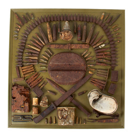 Original U.S. WWII Outstanding Inert Battle of the Bulge Relic Display Board with Bayonets, Cartridges, BAR Magazine, Artillery Fuzes, and More - 23 ⅞ x 23 ⅞”
