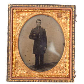 Original U.S. Civil War Sixth Plate Tintype of Volunteer Militia of Maine Infantry Soldier with Decorated Forage Cap in Half of Thermoplastic Case