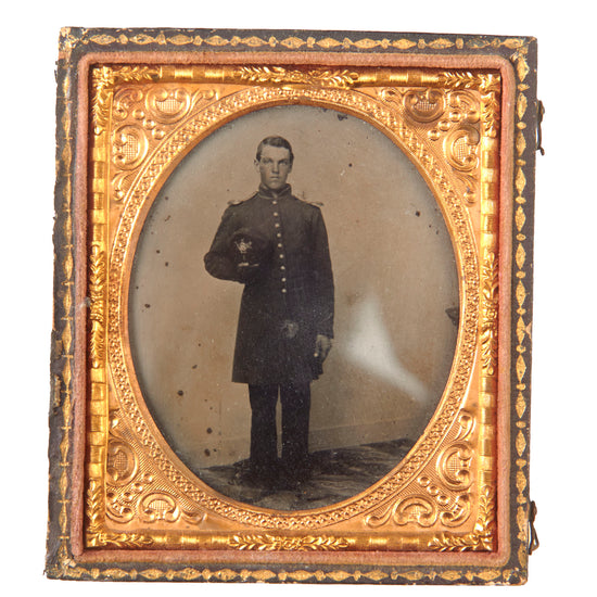 Original U.S. Civil War Sixth Plate Tintype of Volunteer Militia of Maine Infantry Soldier with Decorated Forage Cap in Half of Thermoplastic Case Original Items