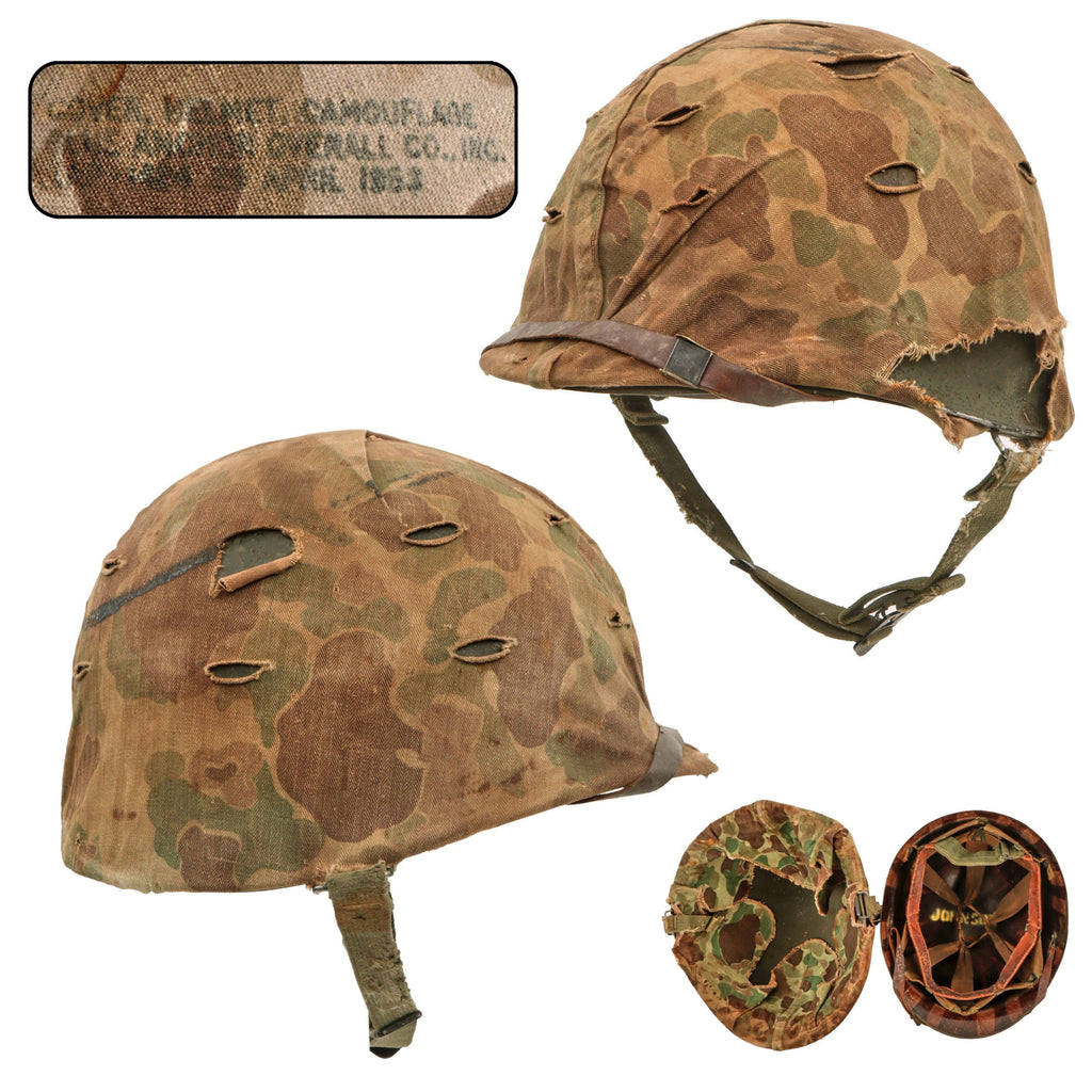 Original U.S. Korean War USMC Rear Seam Swivel Bale M1 Helmet with MSA Liner & Torn Blue Anchor USMC Cover With Stenciled Eagle, Globe and Anchor