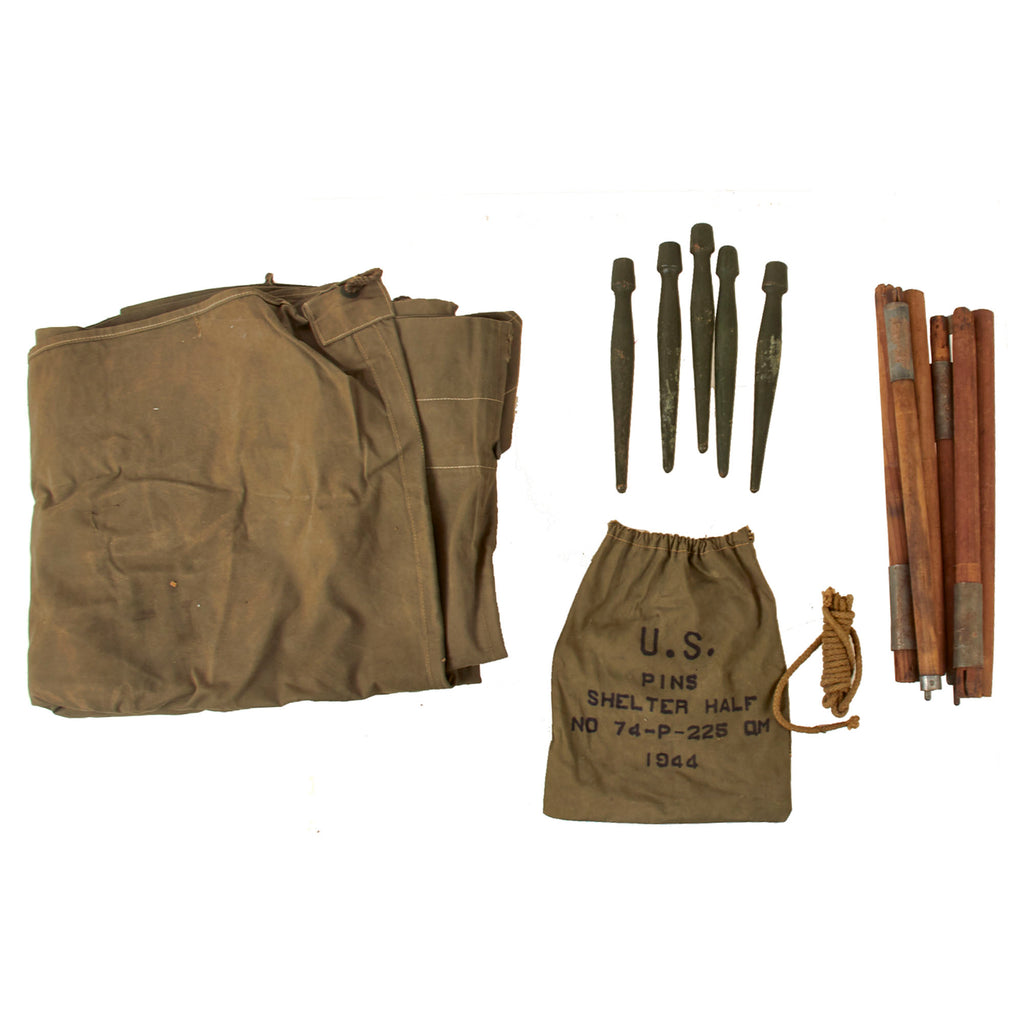 Original U.S. WWII Early Style Shelter Half with 1944-Dated Peg Bag & Early Pattern Collapsible Tent Poles - Rare