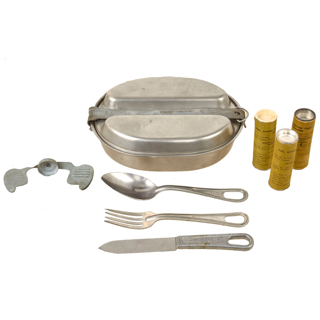 Original U.S. WWII Marine Corps Issue Folding “Wing Stove” Dated 1943 with Fuel Tablet Tubes & GI Mess Kit and Utensils
