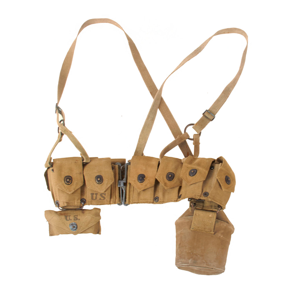 Original U.S. WWII USMC M1923 Belt Rig with Canteen in 3rd Pattern Rabbit Ear Cover, P-41 Suspenders, and First Aid Pouch with Carlisle Bandage