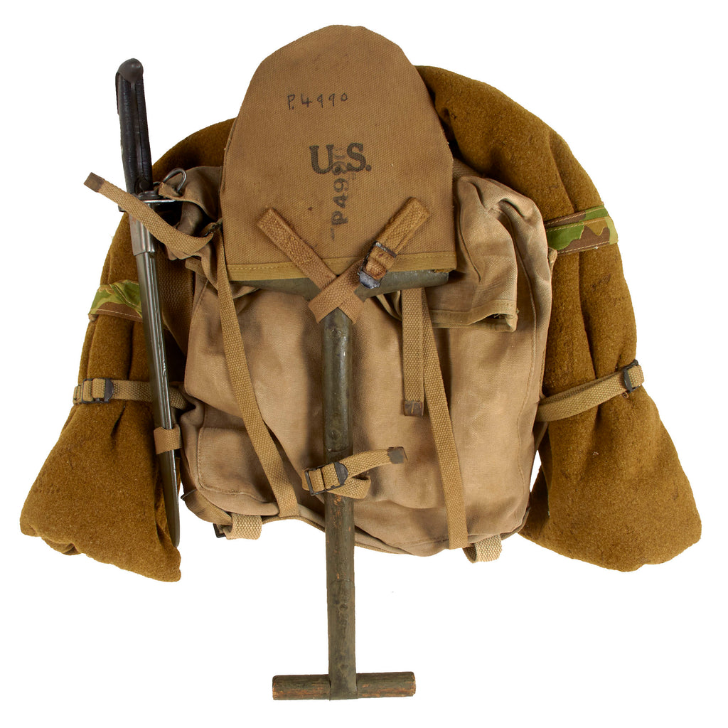 Original U.S. WWII USMC Field Gear Set with P-41 Pack, Blanket, T-Handle Shovel, Named Duffel Bag, Helmet Cover/Net, USMC Snap Belt, Leggings, Boxers, & M1 Bayonet - Excellent Original Items
