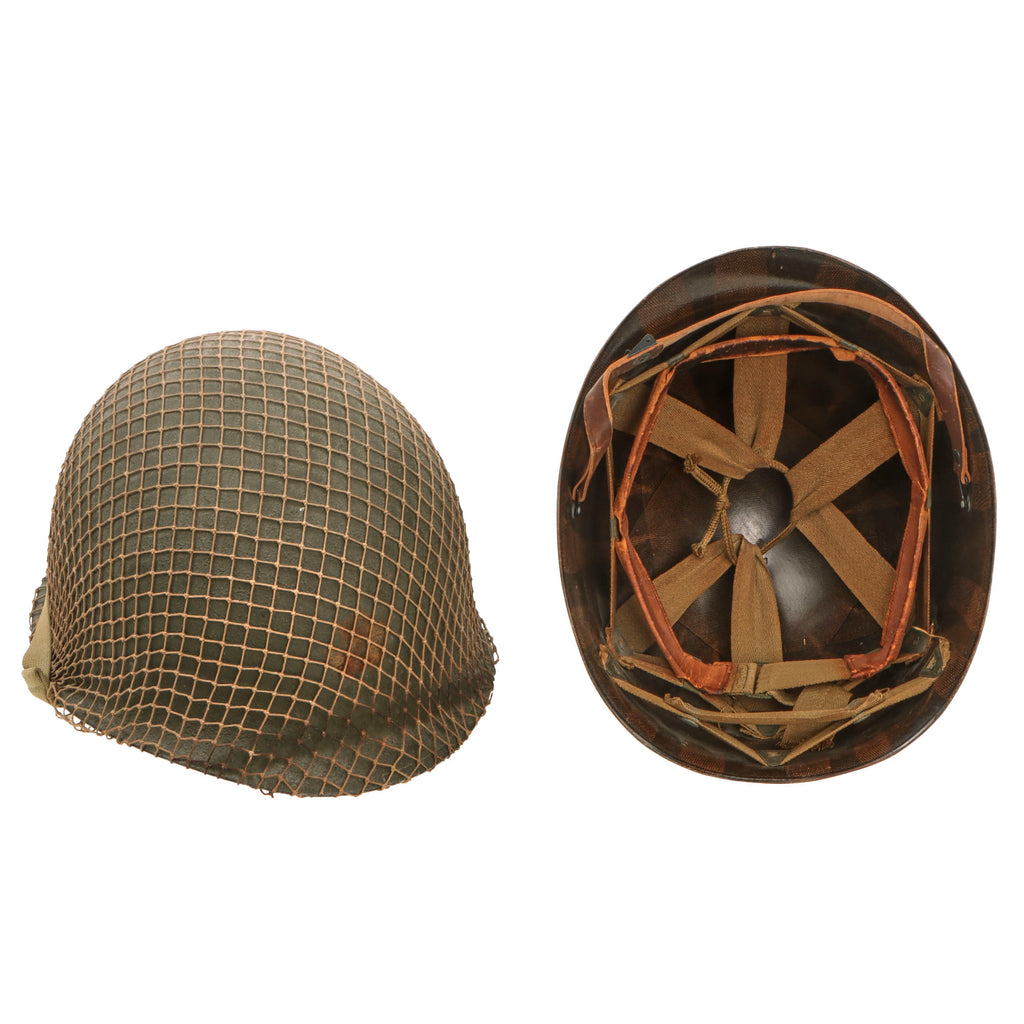 Original U.S. WWII McCord M1 Front Seam Fixed Bale Helmet with Westinghouse Liner & Period-Applied Stiff Helmet Net Original Items