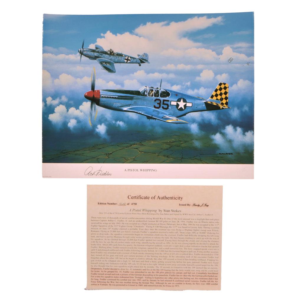 Original Signed Limited Edition Print: “A Pistol Whipping” by Stan Stokes Signed by WWII Flight Ace Colonel Arthur C. Fiedler Jr. - 4641/4750 - 11 x 14” Original Items
