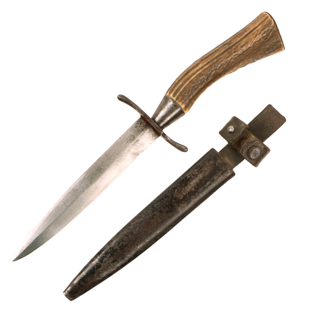 Original Imperial German WWI Hunting Style Stag Handle Trench Fighting Knife with Scabbard & Securing Strap Belt Loop Original Items
