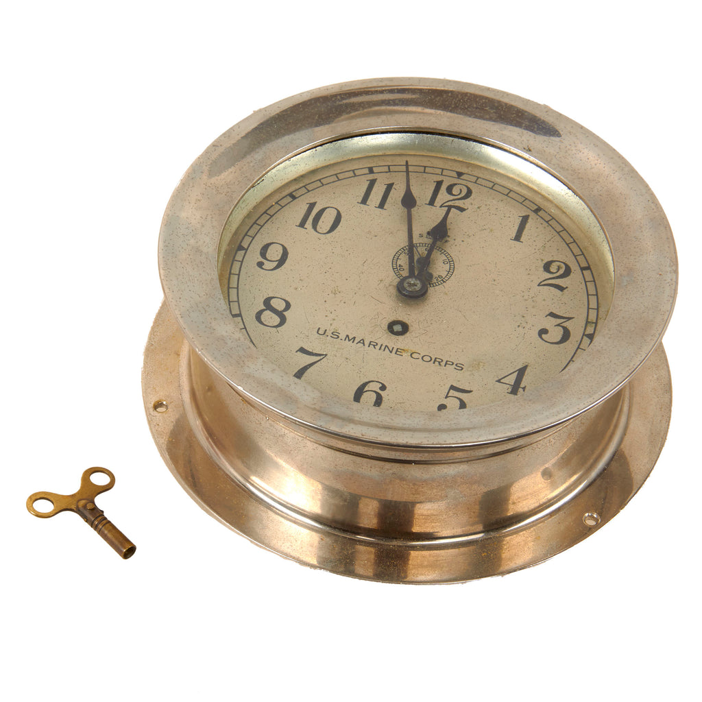 Original U.S. WWII USMC Marine Corps Ship Clock by Chelsea Clock Co. with Winding Key Shipped to USMC Depot in 1941 - Functional, Serviced in 2001 Original Items